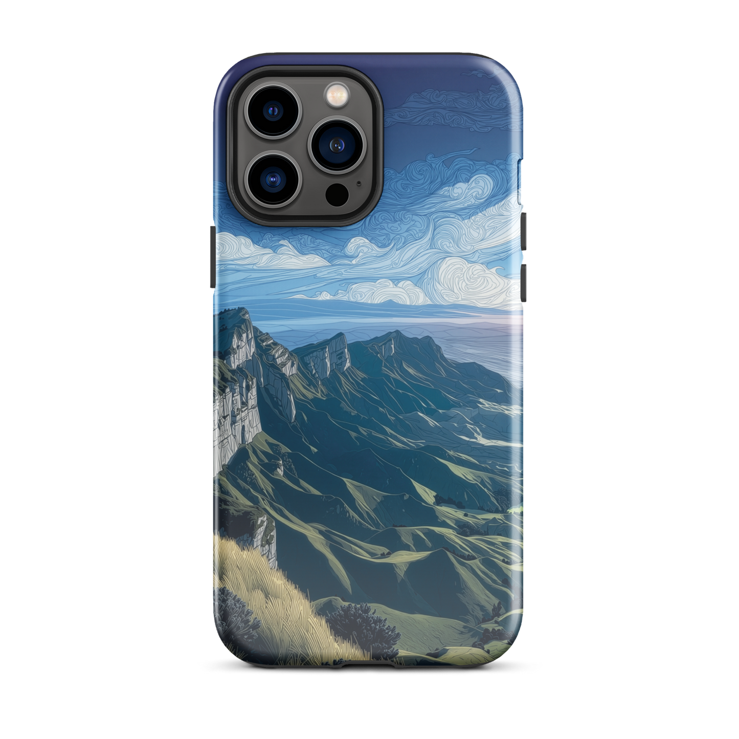 Te Mata Peak designer phone case with Hawke’s Bay cliffs, rolling green hills and dramatic swirling sky