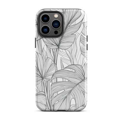 Minimal black and white tropical leaf designer phone case with detailed botanical line art