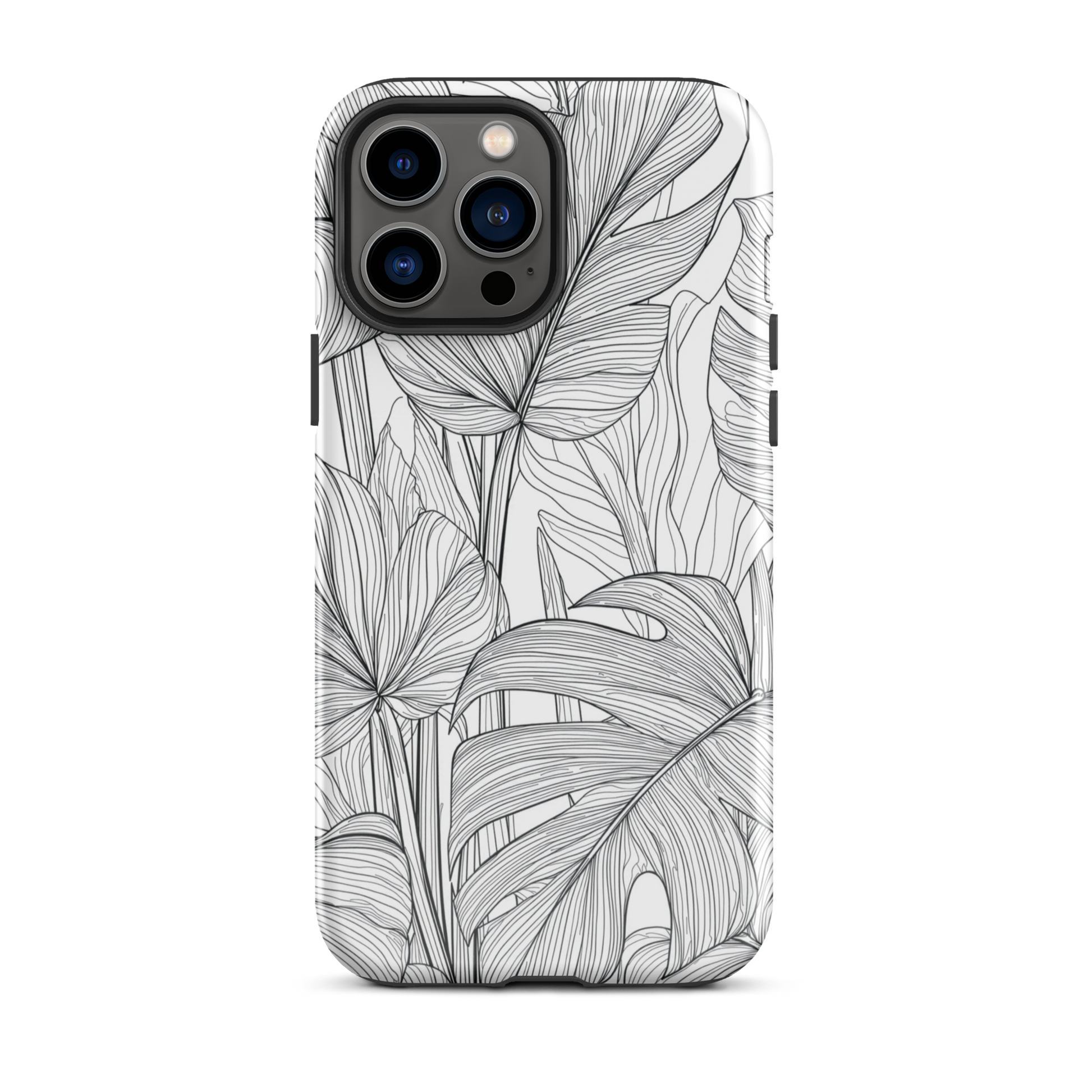 Minimal black and white tropical leaf designer phone case with detailed botanical line art