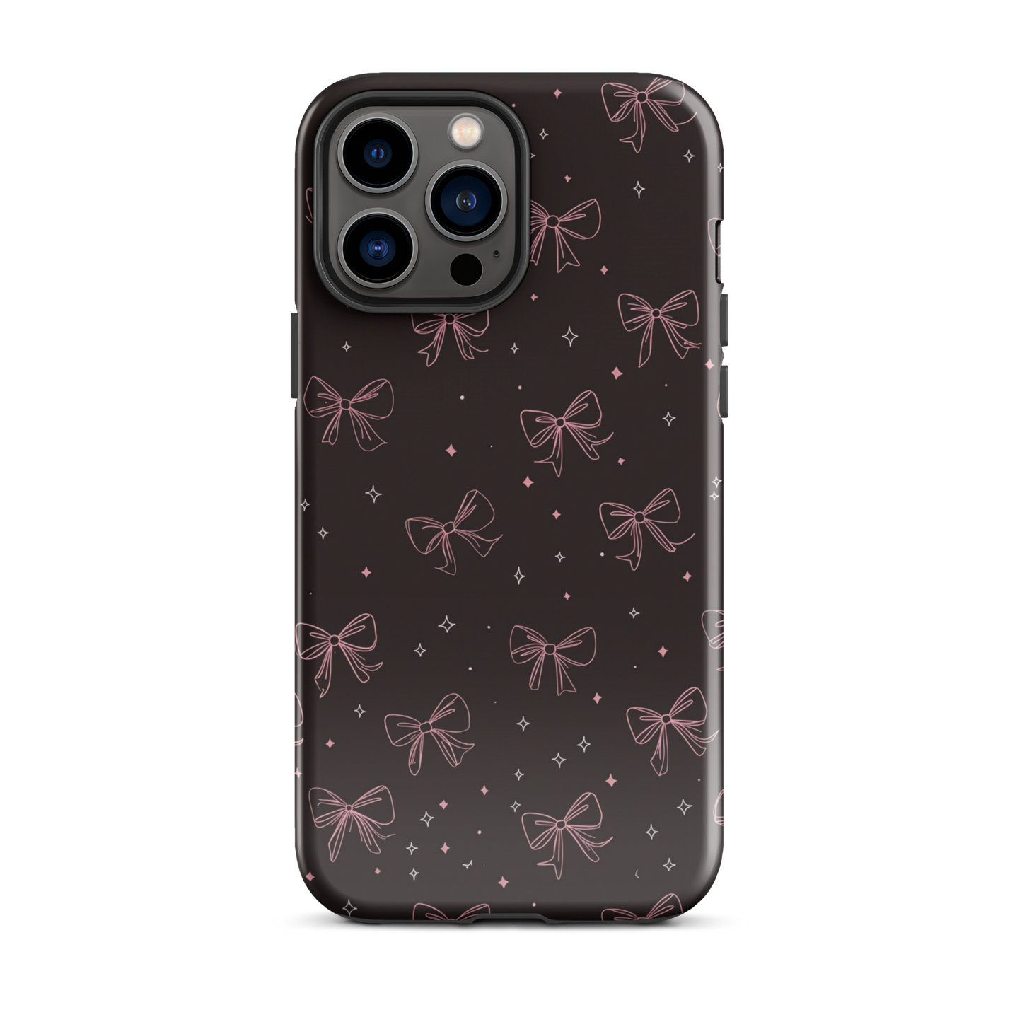Midnight Bow seamless repeat pattern — pink hand-drawn ribbon bows and sparkle stars on a black background