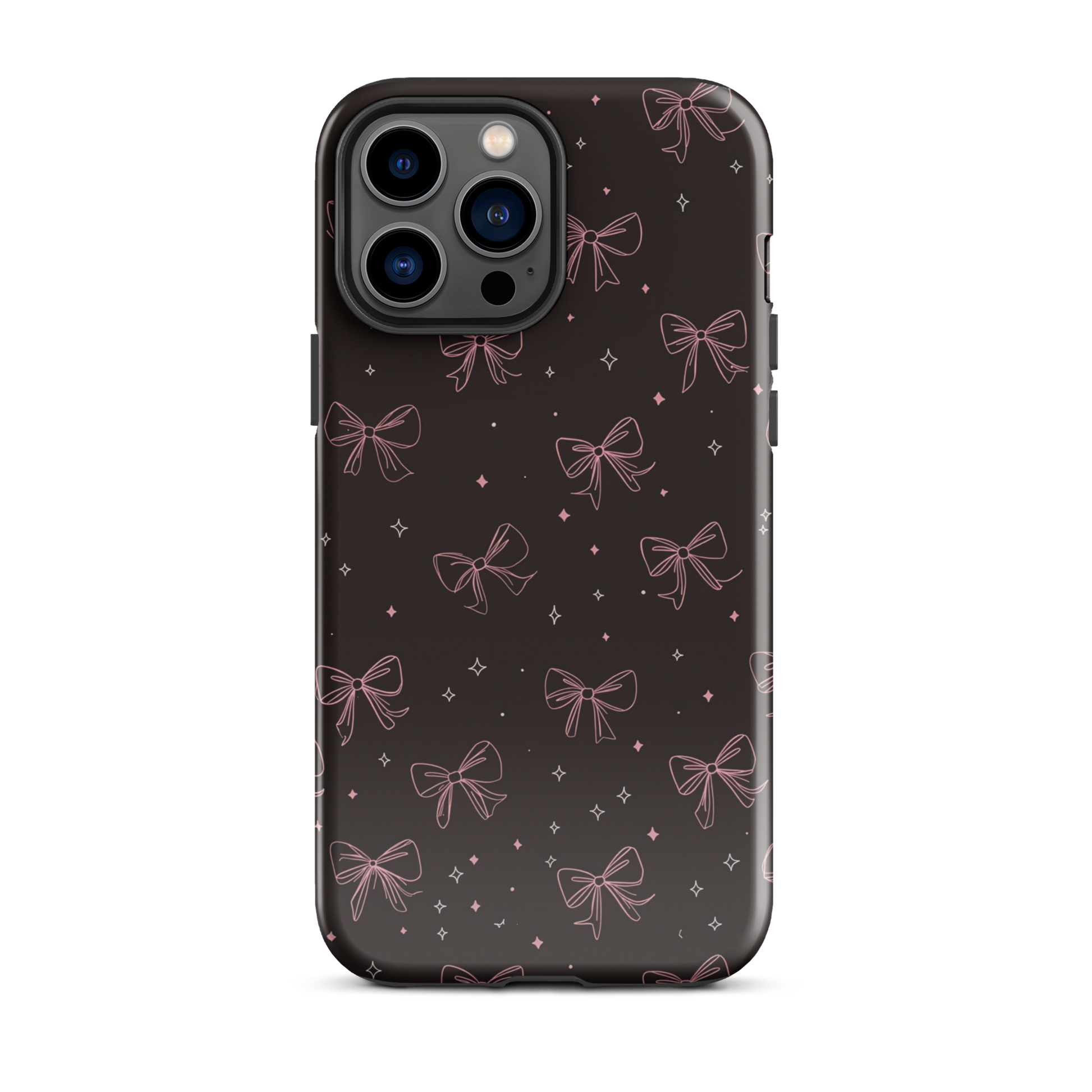 Midnight Bow seamless repeat pattern — pink hand-drawn ribbon bows and sparkle stars on a black background