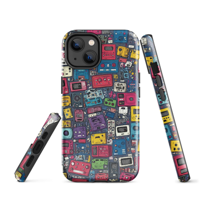 'Arcade' iPhone case, featuring a vibrant collage of hand-drawn controllers in bold, vintage-inspired colours. From electric blue and hot pink to classic black and yellow