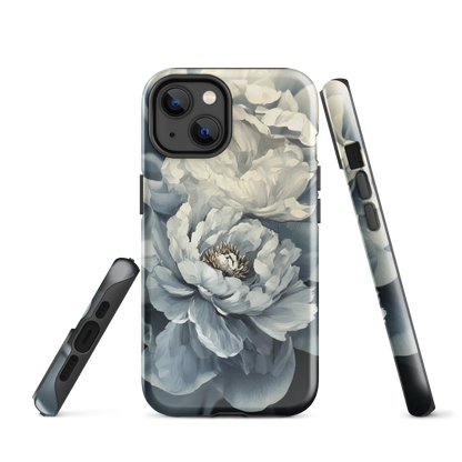 'Whisper' iPhone case features a stunning close-up of softly painted peony blooms in dreamy shades of ivory, grey, and smoky blue.
