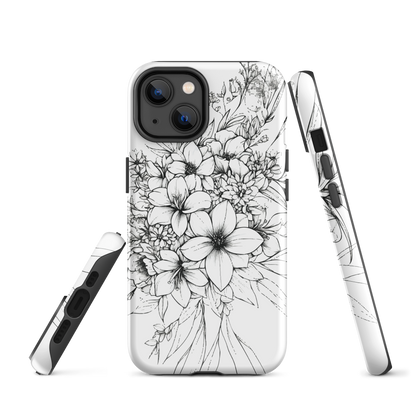 Black and white floral phone case with hand-drawn lilies and wildflowers