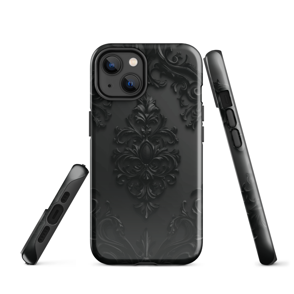 Black embossed damask phone case with gothic baroque pattern.