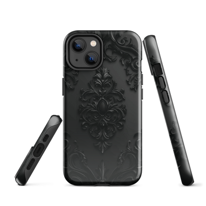 Black embossed damask phone case with gothic baroque pattern.