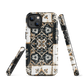 Moroccan tile pattern phone case in black, white, and gold tones with vintage-inspired design.