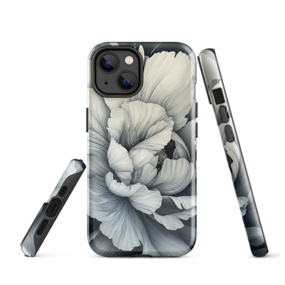 Black and white floral phone case featuring a soft, moody peony design by New Zealand artist Ben Hart.