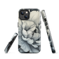 Black and white floral phone case featuring a soft, moody peony design by New Zealand artist Ben Hart.