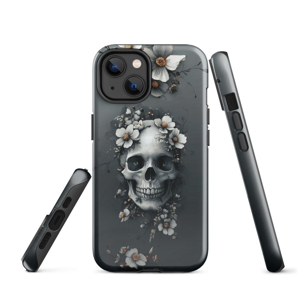 Gothic phone case with a floral skull design in grey tones, featuring white blossoms and dark detailing.