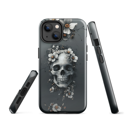 Gothic phone case with a floral skull design in grey tones, featuring white blossoms and dark detailing.