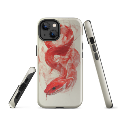 Phone case with red snake design on a cream background, coiled in smoky detail. Bold artwork by NZ designer Ben Hart.