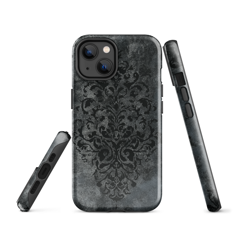 Dark damask patterned phone case with a vintage gothic aesthetic and textured stone background.
