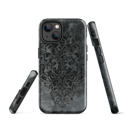 Dark damask patterned phone case with a vintage gothic aesthetic and textured stone background.