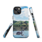 Phone case with a black swan on a calm lake, New Zealand hills in the background. Art by NZ designer Ben Hart.