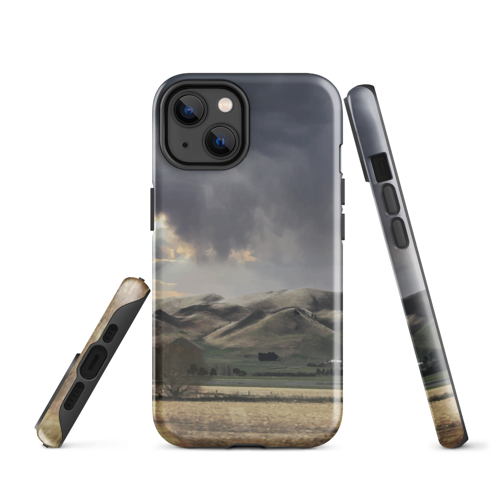 Designer phone case with NZ landscape painting of Te Hauke and cloudy skies by Ben Hart.