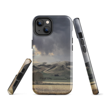 Designer phone case with NZ landscape painting of Te Hauke and cloudy skies by Ben Hart.