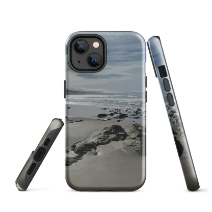 Phone case with artwork of Riversdale Beach, Masterton – rocks, waves and sky by NZ artist Ben Hart.