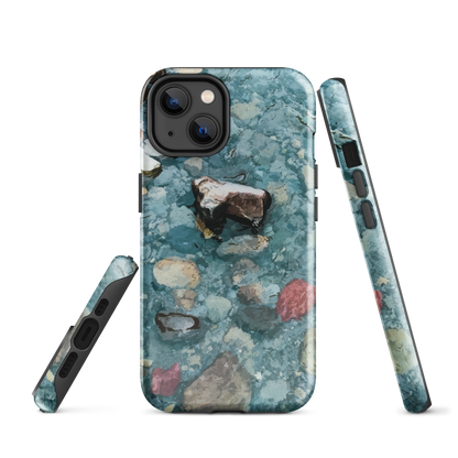 Washed Away designer phone case with abstract river stone artwork in earthy blues and natural tones.