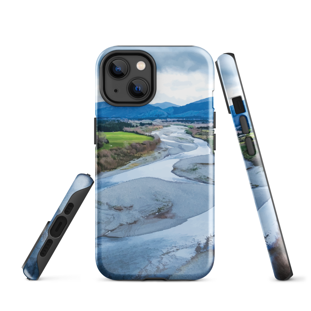 Waiohine phone case featuring artwork of New Zealand’s braided riverbed landscape in the Wairarapa.