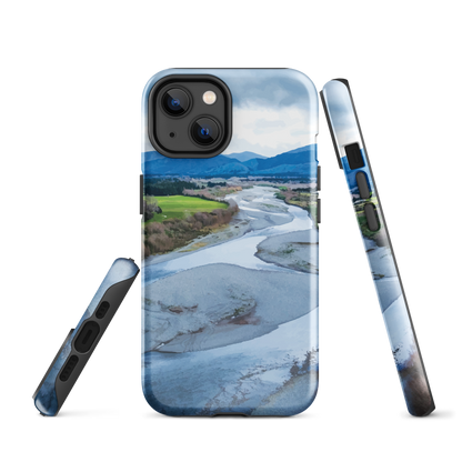 Waiohine phone case featuring artwork of New Zealand’s braided riverbed landscape in the Wairarapa.