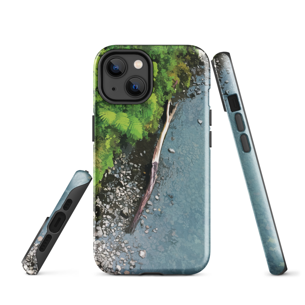 Resting Place phone case with aerial artwork of river rocks, green bush, and driftwood in a New Zealand stream.