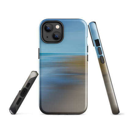 Ocean Breeze phone case with abstract blue and sandy tones inspired by sea and sky.