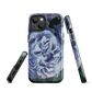 Designer phone case with a bold blue rose artwork and glossy finish.