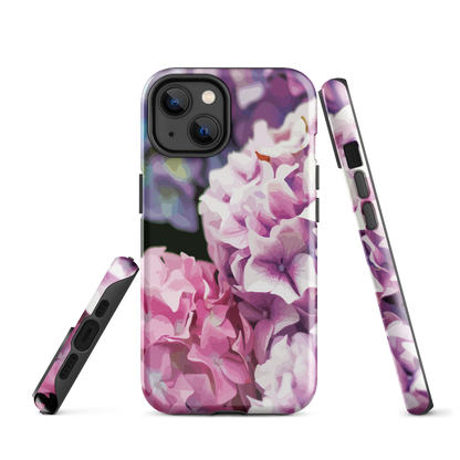 Designer phone case with pink and purple hydrangea floral artwork.