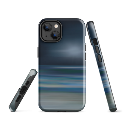 Dark abstract phone case with blue and grey streaks and glossy finish.