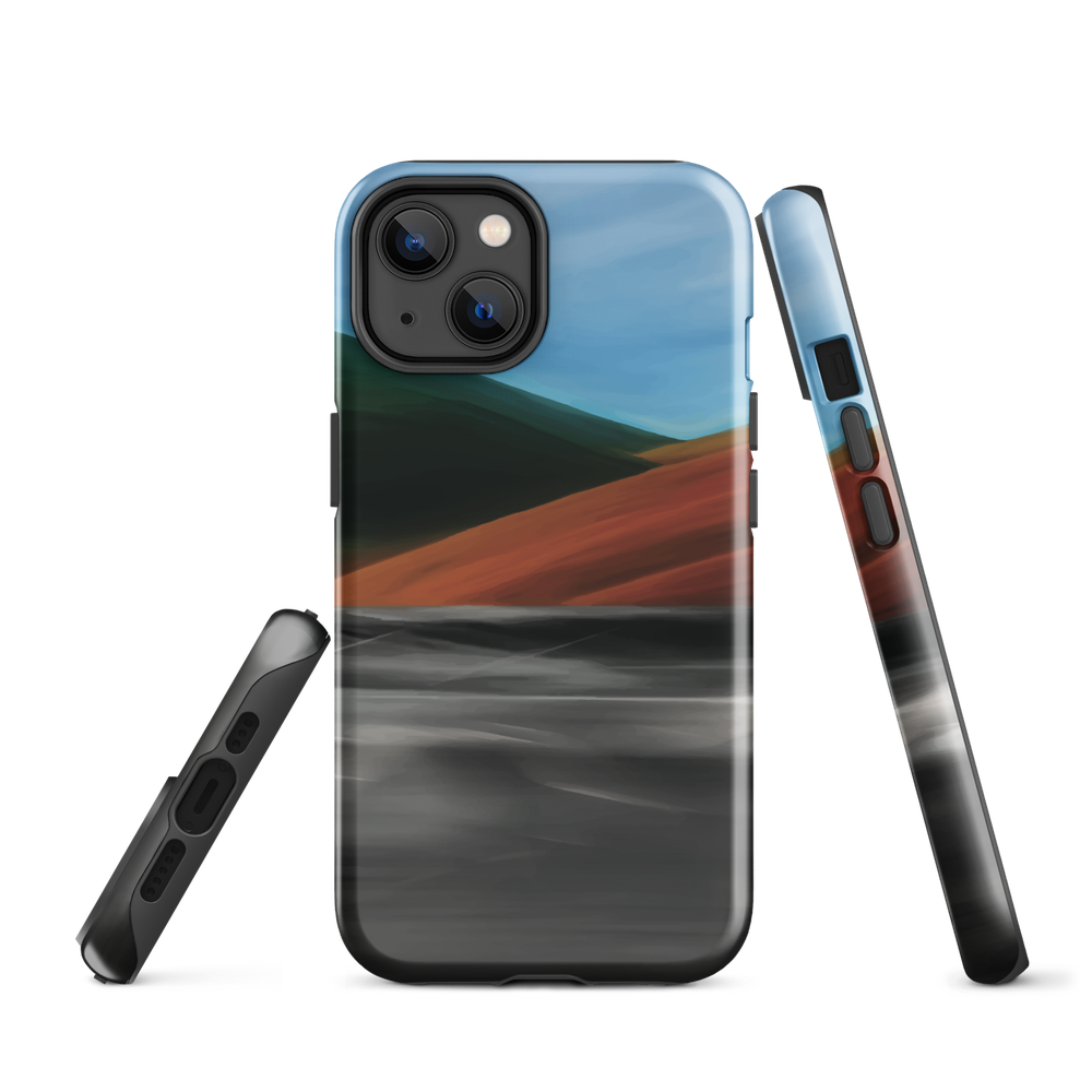 Phone case with abstract red, green, and blue heat wave landscape design.