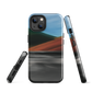 Phone case with abstract red, green, and blue heat wave landscape design.