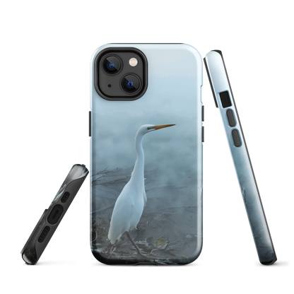 Phone case with a white heron standing in a misty wetland scene.