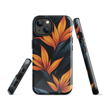 Phone case with bold orange bird of paradise flowers on dark background.