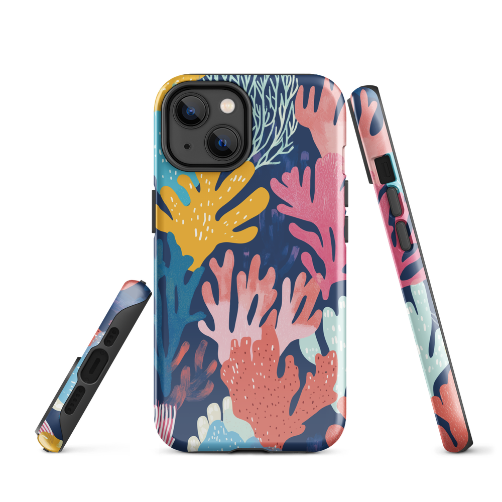 Colourful coral reef phone case design in pink, blue and yellow by NZ artist Ben Hart