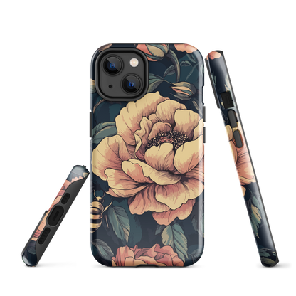 Phone case with vintage-style pink roses and bees on dark background, floral New Zealand artwork.