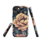 Phone case with vintage-style pink roses and bees on dark background, floral New Zealand artwork.