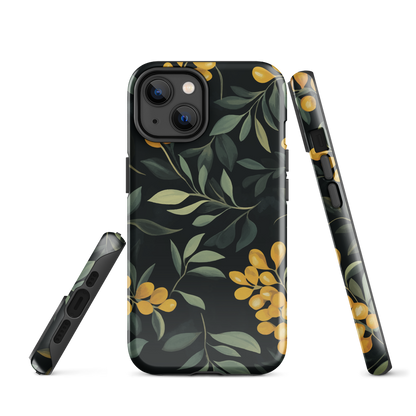 NZ Kowhai phone case with native yellow floral and green leaves on black background by designer Ben Hart.