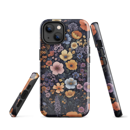 Phone case with colourful wildflowers on dark background, floral art design