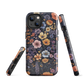 Phone case with colourful wildflowers on dark background, floral art design