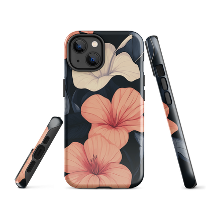 Phone case with coral hibiscus flowers and ivory blooms on dark background