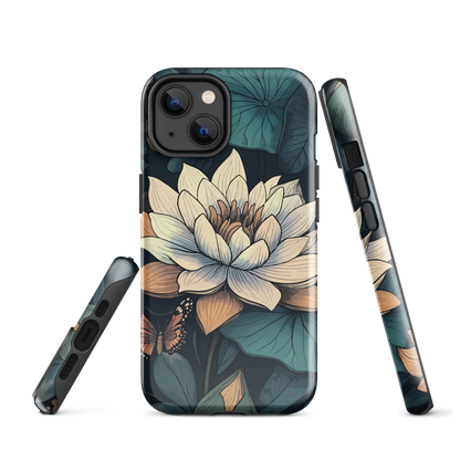 Phone case with ivory water lily, green leaves, and butterfly accents on dark background