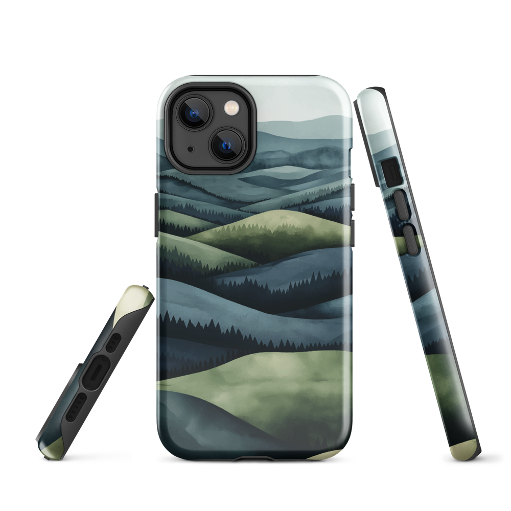 Phone case with layered mountain and forest landscape in blue and green hues