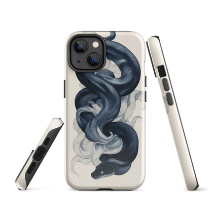 Phone case with black python and smoke design on cream background
