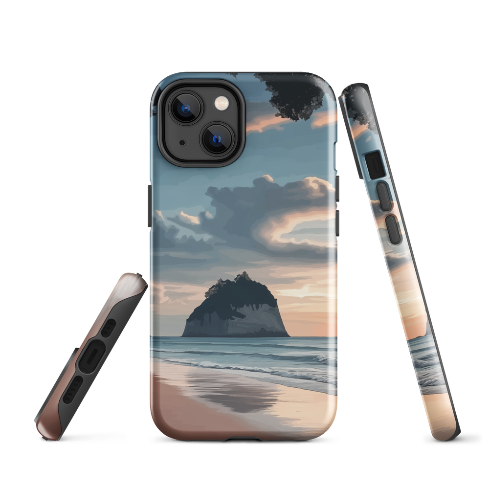 Phone case with Cathedral Cove beach and sunset scene, featuring soft skies and sea stack