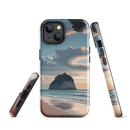 Phone case with Cathedral Cove beach and sunset scene, featuring soft skies and sea stack
