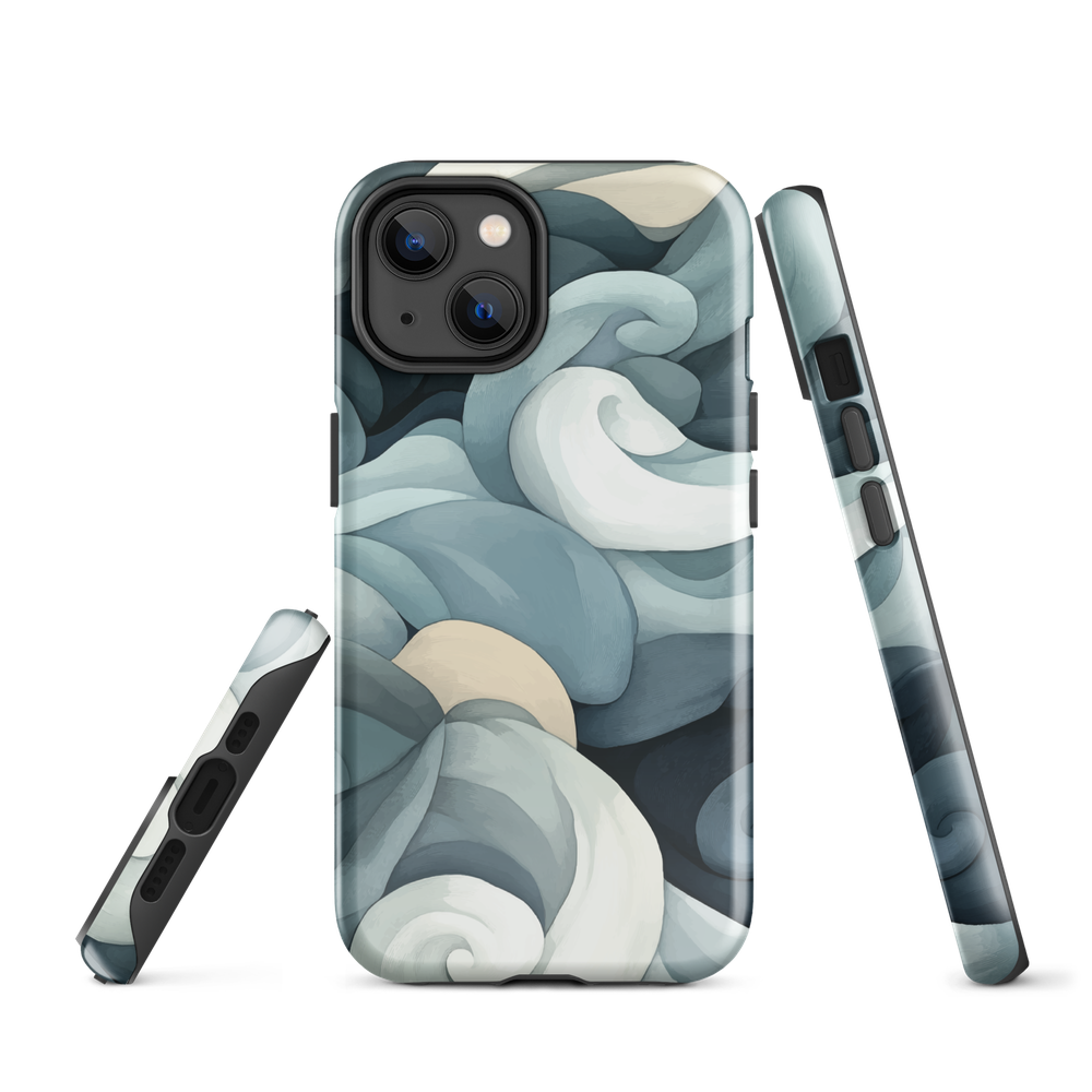 Phone case with abstract swirling ocean waves in blue and cream