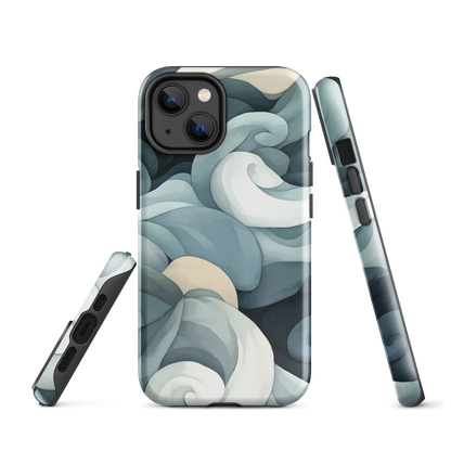 Phone case with abstract swirling ocean waves in blue and cream