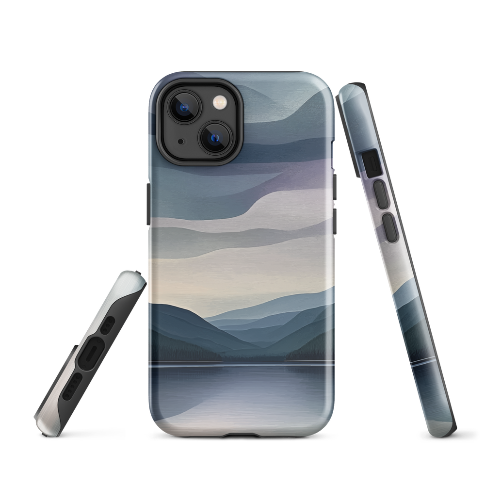 Phone case with moody blue and purple layered mountain and lake landscape artwork