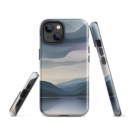 Phone case with moody blue and purple layered mountain and lake landscape artwork